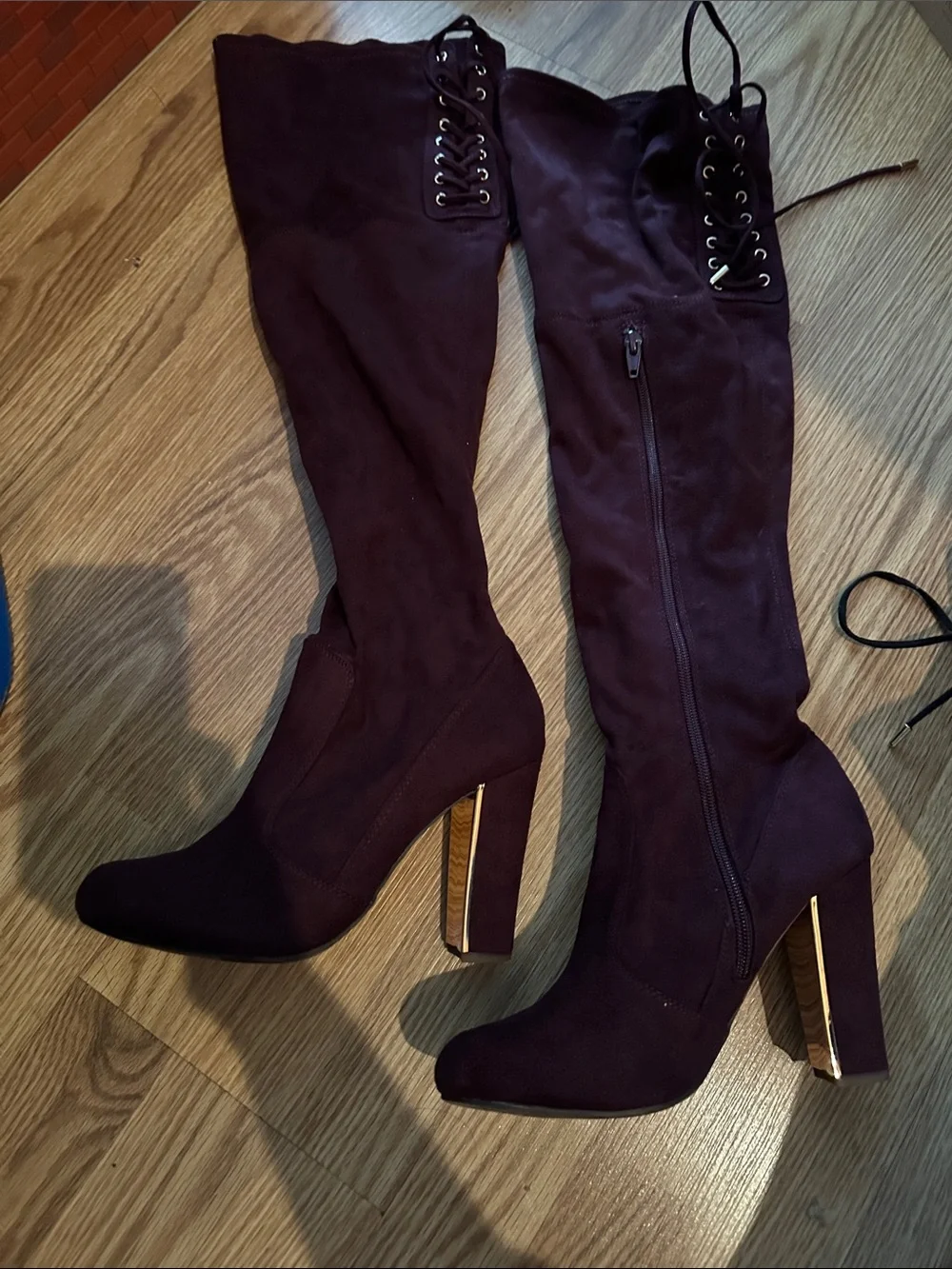 Women’s Over-the-Knee Lace-Up High Heel Boots in Deep Plum